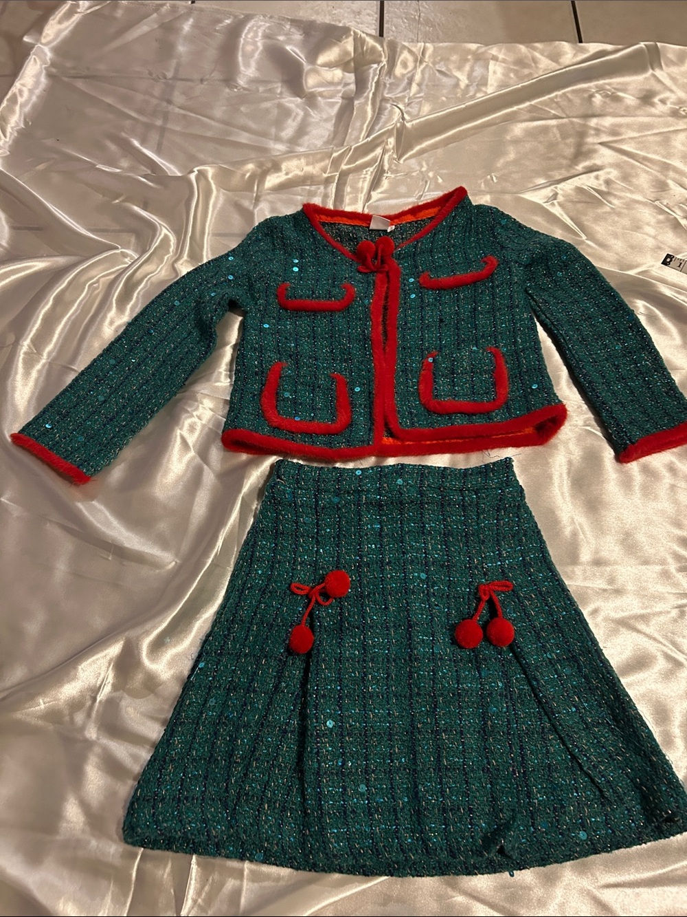 Girls Teal Sequin Tweed Jacket & Skirt Set with Red Trim